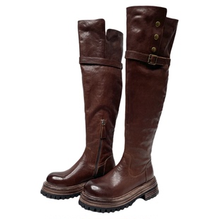 雪密欧高端复古水洗马皮厚底过膝高筒靴女百搭厚底增高长靴150-9