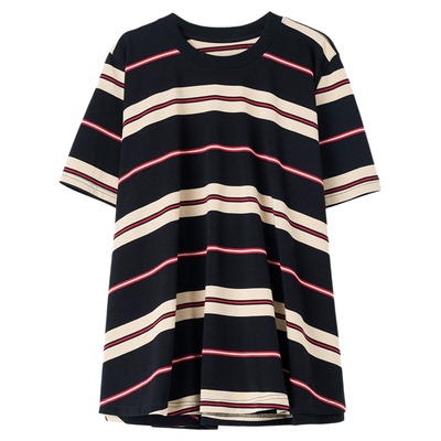 ALL BEINGS25AW早秋新品红黑条纹A摆圆领短袖纯棉透气凉感T恤女