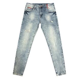 复古破洞九分牛仔裤男弹力修身小脚铅笔裤复古乞丐裤男款紧身裤子