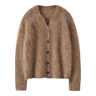 秋冬新款100%纯山羊绒加厚开衫女拉绒纯色水滴领软糯保暖外套上衣