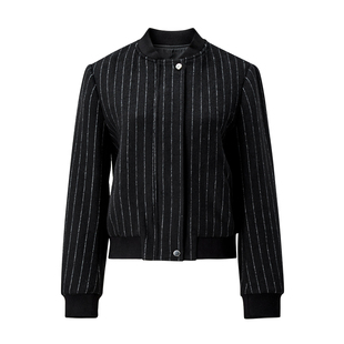 颜域条纹羊毛呢子外套女2025冬季新款立领修身短款保暖夹克上衣女