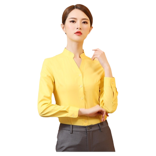 衬衫女2026夏装职业正装v领短袖上衣修身工作服长袖衬衣柠檬黄