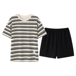 夏季睡衣女带胸垫一体纯棉短袖短裤薄款简约条纹时尚家居服可外穿