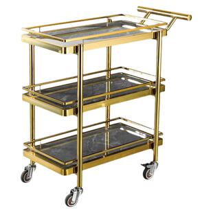 轻奢不锈钢岩板三层手推车KTV点心零食实木餐车餐厅服务车上菜车