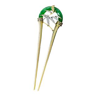 竹叶u型发簪女新中式清冷感祖母绿发钗国风复古气质头饰古风发饰