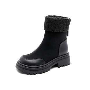 依思q加绒马丁靴女款2025新款冬季棉靴黑色厚底弹力保暖短靴子女