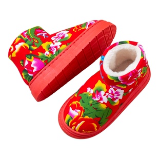 东北大花保暖外穿棉拖鞋男女新款冬情侣大红棉鞋包跟厚底加绒拖鞋