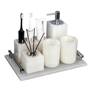 天然白玉大理石洗漱套装高档酒店轻奢牙刷架口杯皂碟托盘三件套