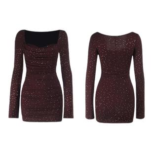 instunning法式亮闪方领长袖连衣裙女秋冬修身显瘦性感包臀短裙子