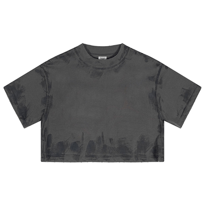 泥染女式t恤305G欧美潮牌健身短袖女上衣纯棉辣妹露脐爵士短款T恤