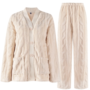 MYBODY商场同款冬季情侣睡衣套装简约麻花肌理珊瑚绒可外穿家居服