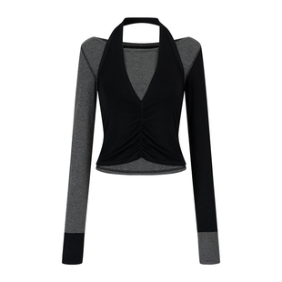 创世纪元【解体暗合】长袖早秋chic上衣女条纹拼接两件套挂脖T恤