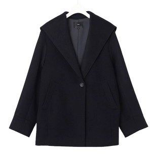 23区日系秋季通勤羊毛羊绒混纺连帽毛呢外套一粒扣短大衣商场同款