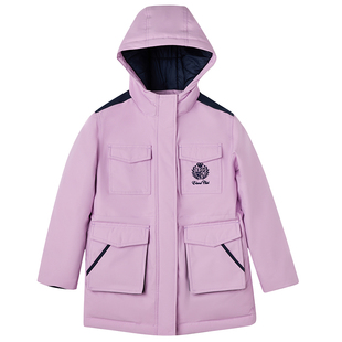 【90%羽绒】eland kids衣恋童装女童羽绒服冬季复古撞色连帽外套