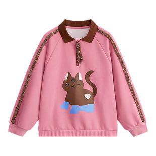 爱法贝春新款女童卫衣儿童套头衫中大童学生polo衫甜美小猫上衣