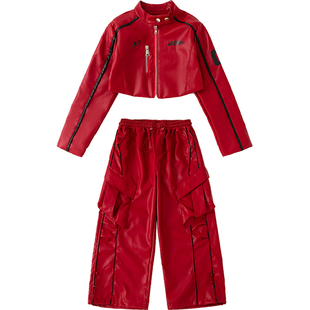 女童爵士舞机车风潮酷JAZZ演出服摇滚风红色皮套装少儿元旦表演服