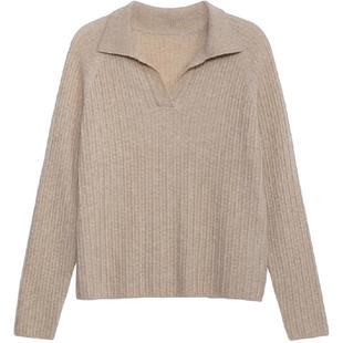 ESPRIT/埃斯普利特V领100%纯山羊绒衫女长袖针织衫老钱风女士毛衣