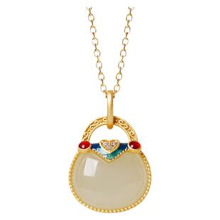 和田玉纯银吊坠女新中式国风珐琅金镶玉平安锁玉石水晶锁骨链项链