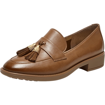 真美诗胎牛皮流苏粗跟乐福鞋