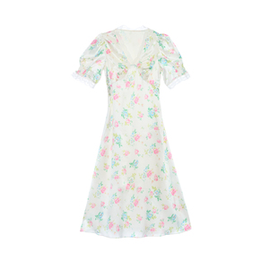 FOR F原FF ONLINE SHOP法式缎面连衣裙女蕾丝拼接V领蔷薇印花长裙