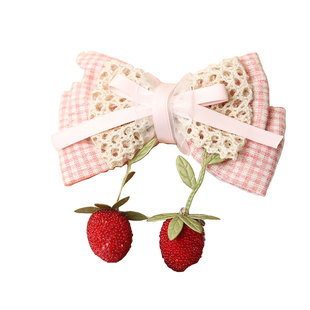 粉色格子浆果草莓森女系森林系LOLITA发饰 手作蝴蝶结KC发箍发夹