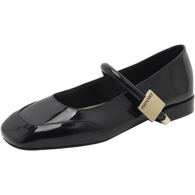 一字带玛丽珍鞋漆皮粗跟浅口单鞋