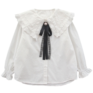 女童衬衫春装2025新款儿童韩版蕾丝边娃娃领长袖衬衣宝宝打底上衣
