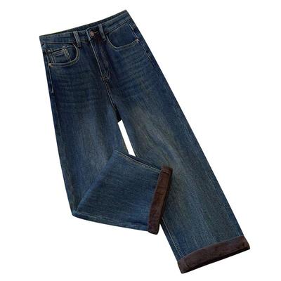 浅色高腰窄版阔腿牛仔裤女