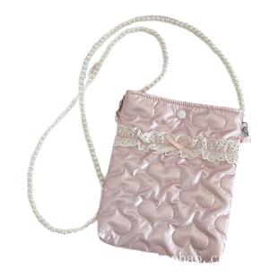 小白兔几 pu蝴蝶结夹棉斜挎小包手机包珍珠链条随身迷你化妆包袋