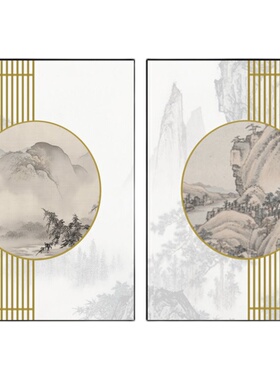 新中式禅意茶室装饰画原木风书房挂画客厅沙发背景墙画两联山水画