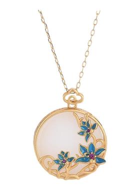 2025夏新品和田玉项链女铜镀金中国风鎏金烧蓝景泰蓝莲花玉石挂件