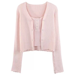 偷偷藏不住桑稚赵露思同款粉色吊带开衫两件套女纯欲上衣空调外套