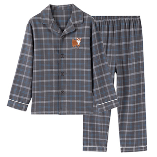 顶瓜瓜儿童梭织磨毛全棉睡衣长袖套装顶呱呱100%棉翻领男童家居服