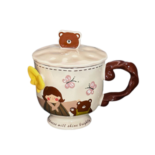 萌趣卡通陶瓷马克杯可爱女孩带盖高脚杯带勺咖啡杯送女生生日礼物