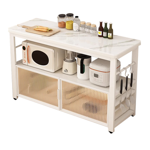 岩板厨房实木置物架落地多层铝合金门微波炉调料操作台收纳储物柜