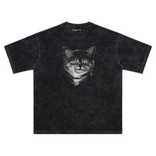 7AM-撒旦猫猫小众宠物ins爆款水洗做旧纯棉宽松短袖T恤高街