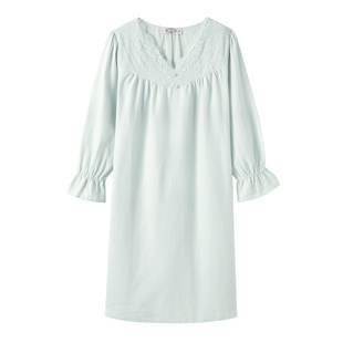 美标女长袖纯棉睡裙双层棉纱华夫格复古全棉睡衣家居服春秋宫廷风