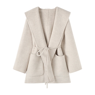 Basic House/百家好绵羊毛双面毛呢外套冬季新款连帽休闲大衣女士