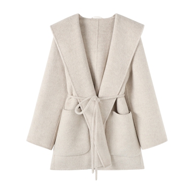 Basic House/百家好绵羊毛双面毛呢外套冬季新款连帽休闲大衣女士