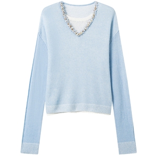 衣香丽影假两件针织衫2026新款羊毛绒衫蓝色毛衣女春季高级感上衣