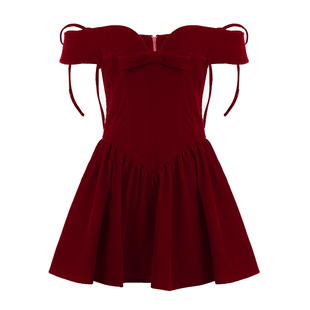 Amyway【法式宴会】红色丝绒低胸宫廷风连衣裙  百搭束腰A摆伞裙