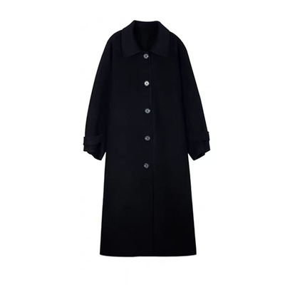 赫本风黑色双面羊毛呢中长大衣
