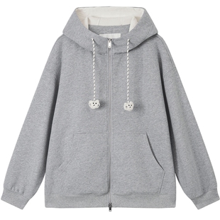 URLAZH有兰2025冬季新款复古夹花灰亮闪闪加绒宽松落肩连帽外套女