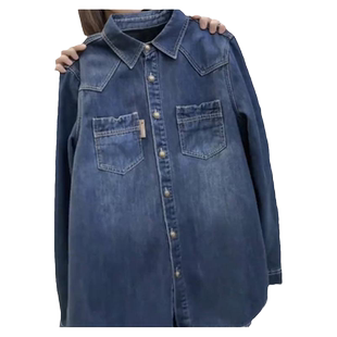 2023新款秋冬牛仔衬衫女中长款加绒加厚叠穿宽松休闲打底衬衣外套