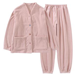 2024年冬法兰绒睡衣女加厚保暖V领开衫坑条收口珊瑚绒家居服套装