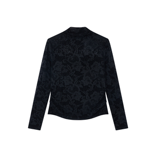 佧茜文植绒网纱打底小衫2026春季新款气质优雅侧腰捏褶显瘦上衣