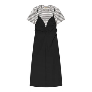 诗篇专选假两件式条纹拼接捏褶黑色长裙连衣裙2025秋款