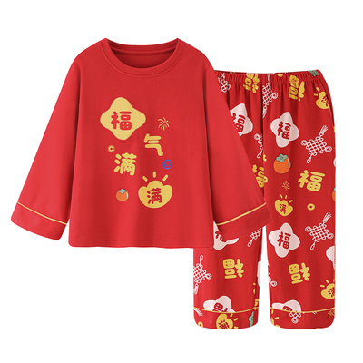 女童睡衣红色纯棉春秋本命年套装