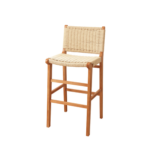 实木绳编吧椅家用复古餐椅酒吧餐厅高脚凳侘寂风岛台椅前台接待凳