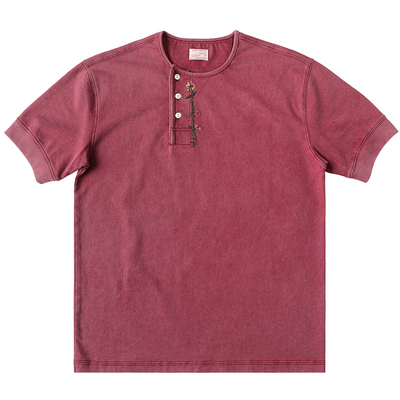 西部系列 240克花卉绣花斜门襟修身亨利领短袖T恤 MBBCAR窄幅